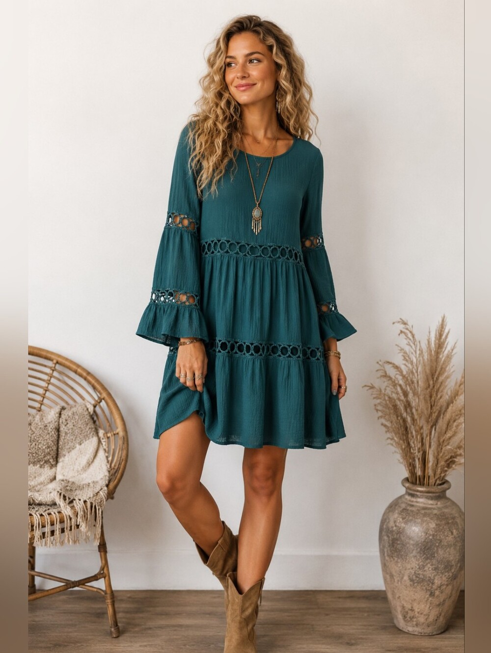 Boho Tiered Hippie Babydoll Cottagecore Whimsy Goth Dress Green Teal Bell Sleeve